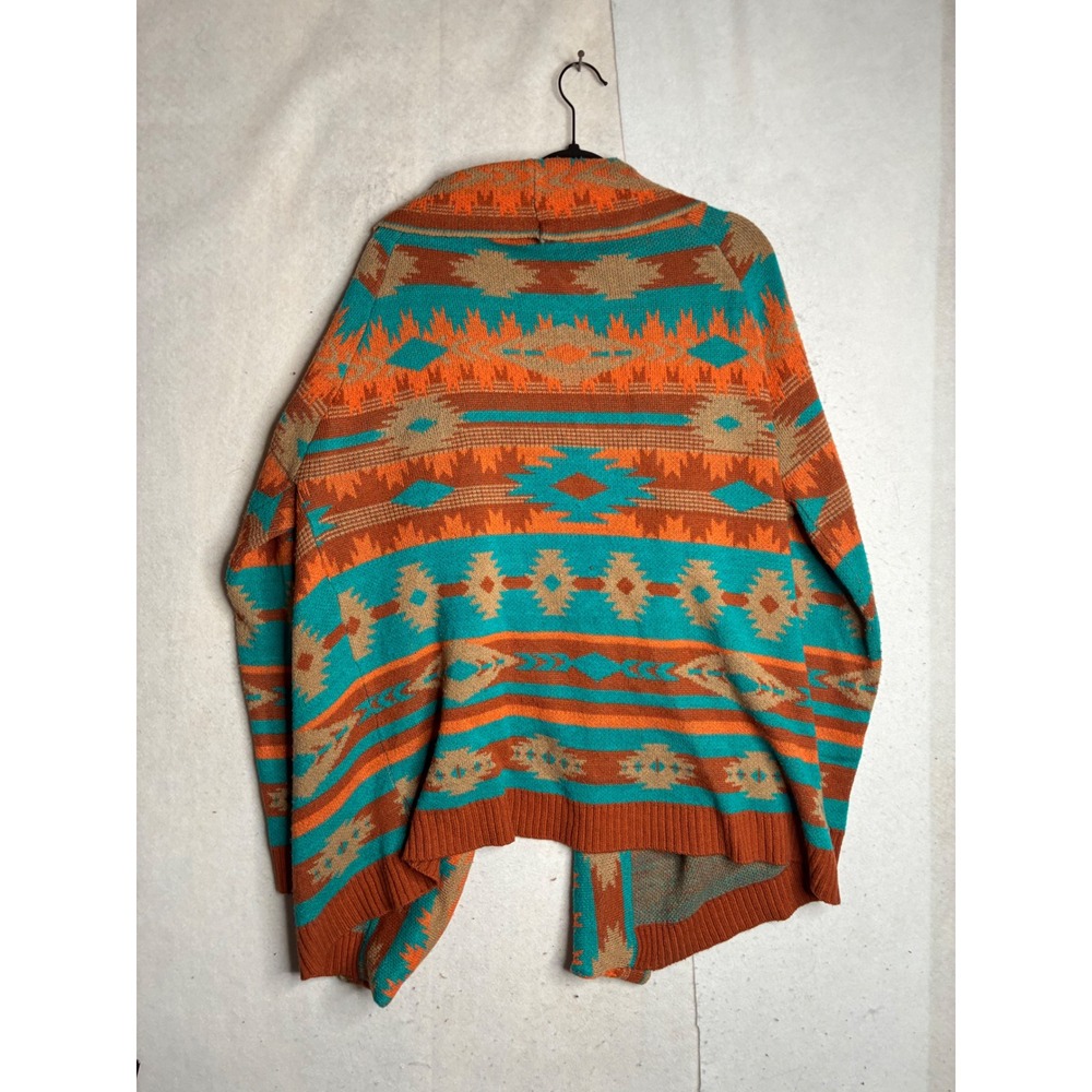 Rock and Roll Cowgirl XL Southwestern Aztec Open Front Cardigan Orange Teal Tan - Picture 9 of 10